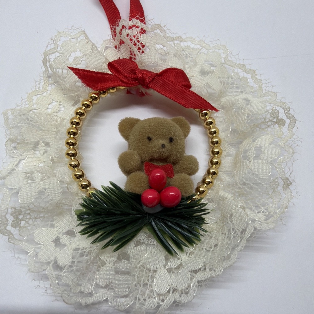 Vintage Christmas Ornament Lace Wreath Flocked Bear 4 Inch 1980s Holiday Decor